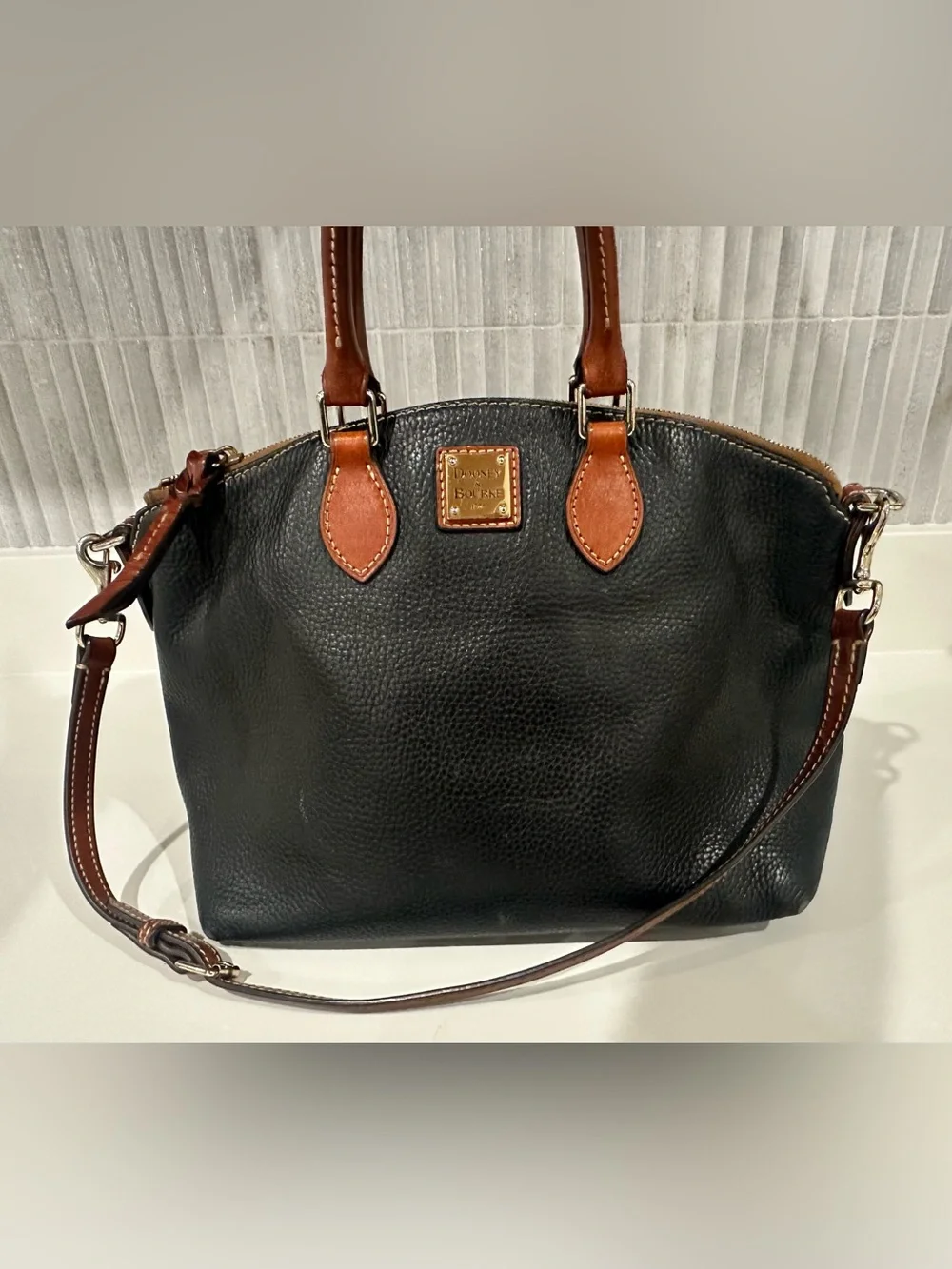 Dooney & Bourke Black Domed Pebble Grain Zip Satchel -(VO 122864) with dust bag